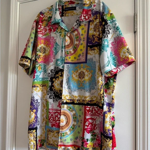 Red and Pink Casual Button Down Shirt with Patchwork Design - Picture 3 of 5